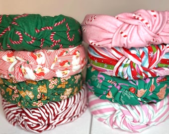 Christmas Knotted Headbands for Women and Children; Candy Canes, Candy Stripes, Teddy Bears, Santa Claus, Argyle.