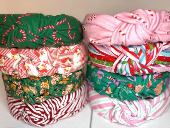Christmas Knotted Headbands for Women and Children; Candy Canes, Candy Stripes, Teddy Bears, Santa Claus, Argyle.