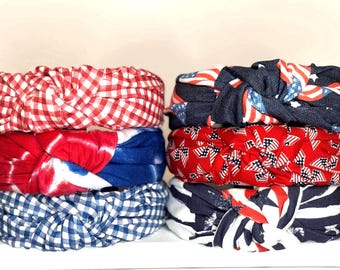 Americana Knotted Headbands for Women and Children; Memorial Day; 4th of July; Red/White/Blue.