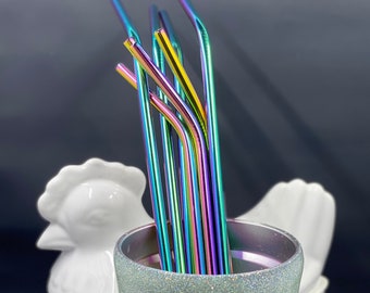 6Pcs Rainbow Colorful Stainless Steel Straws For 20-30oz Tumblers - Bent, Free Cleaning Brush Included