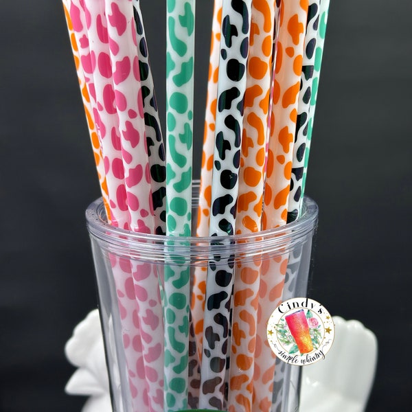 Pink Teal Orange Black Leopard Cheetah Animal Print Hard Plastic Reusable Straw One Leopard Spots Jungle Safari 12 inch fit 40 oz Stanley