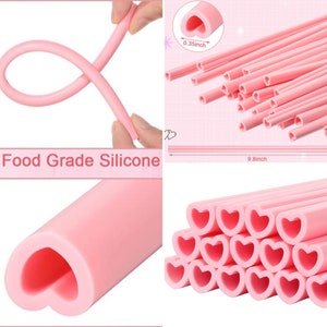 Reusable pink soft Silicone Heart Shaped Drinking Straw replacement pink gift for her him party kids girls image 5