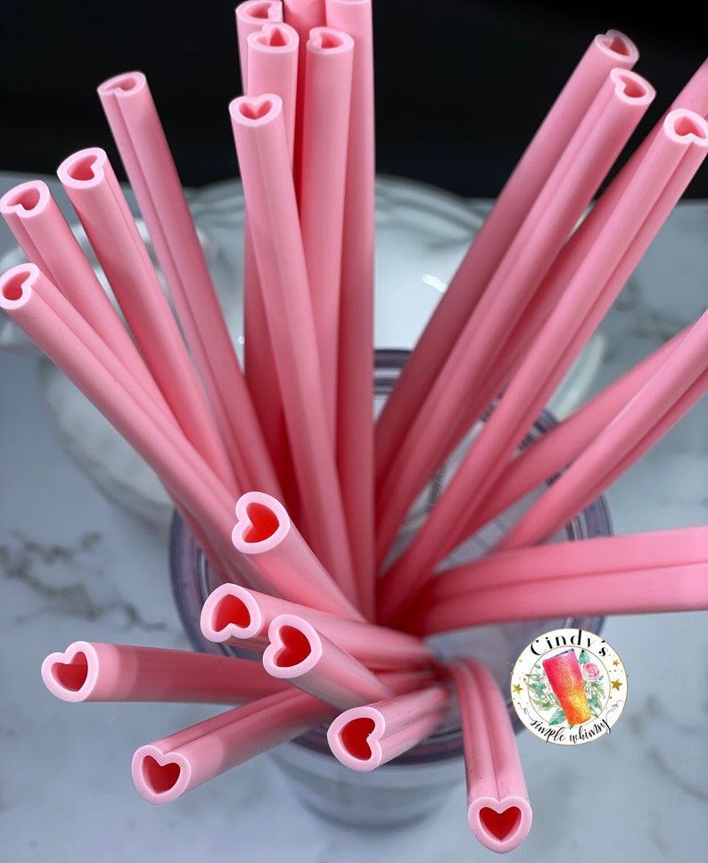 Reusable pink soft Silicone Heart Shaped Drinking Straw replacement pink gift for her him party kids girls image 4