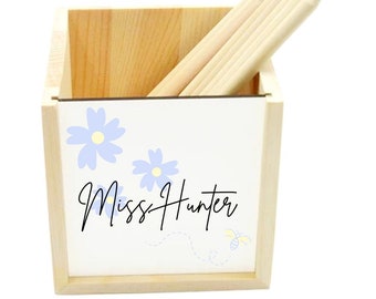 Personalised Wooden Pencil Pot Holder | daisy print | Teacher End Of Year Leaving Gift | School Classroom Present