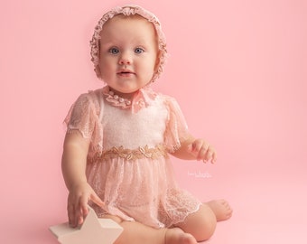 Blush pink baby girl romper,cake smash romper,baby girl romper,first birthday outfit,boho baby dress,boho cake smash,pink baby dress