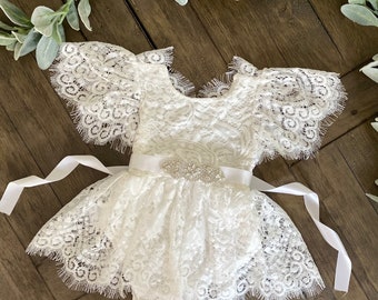 White lace romper,baptism dress,cake smash outfit,boho cake smash,1st birthday dress,baby flower girl,sitter outfit,half birthday outfit