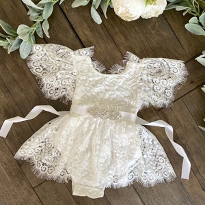 White lace romper,baptism dress,cake smash outfit,boho cake smash,1st birthday dress,baby flower girl,sitter outfit,half birthday outfit