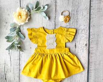 Sunflower yellow baby dress,cake smash outfit,1st birthday dress,2nd birthday dress,yellow sitter outfit,you are my sunshine,mustard dress