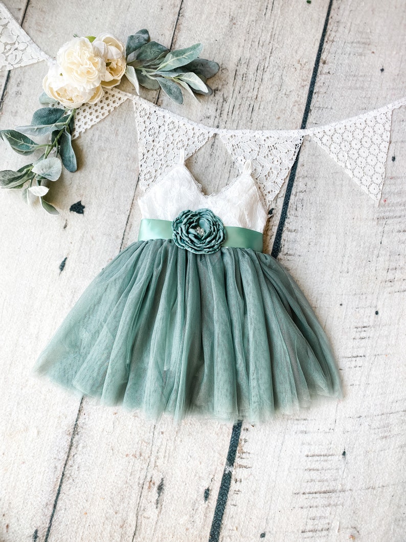 Mint green flower girl dress,cake smash dress,first birthday dress,Christmas dress,sage green dress,boho flower girl dress,baby girl dress image 2