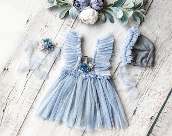 Dusty blue baby girl dress,sitter romper,sitter dress,half birthday outfit,boho cake smash,smash cake dress,1st birthday dress,boho dress