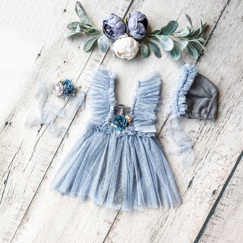 Dusty Blue Baby Girl Dress Dusty Blue First Birthday Outfit Etsy
