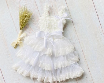 White lace ruffle dress, beach wedding outfit photos, baptism outfit, flower girl dress, rustic country western wedding, photo prop outfit