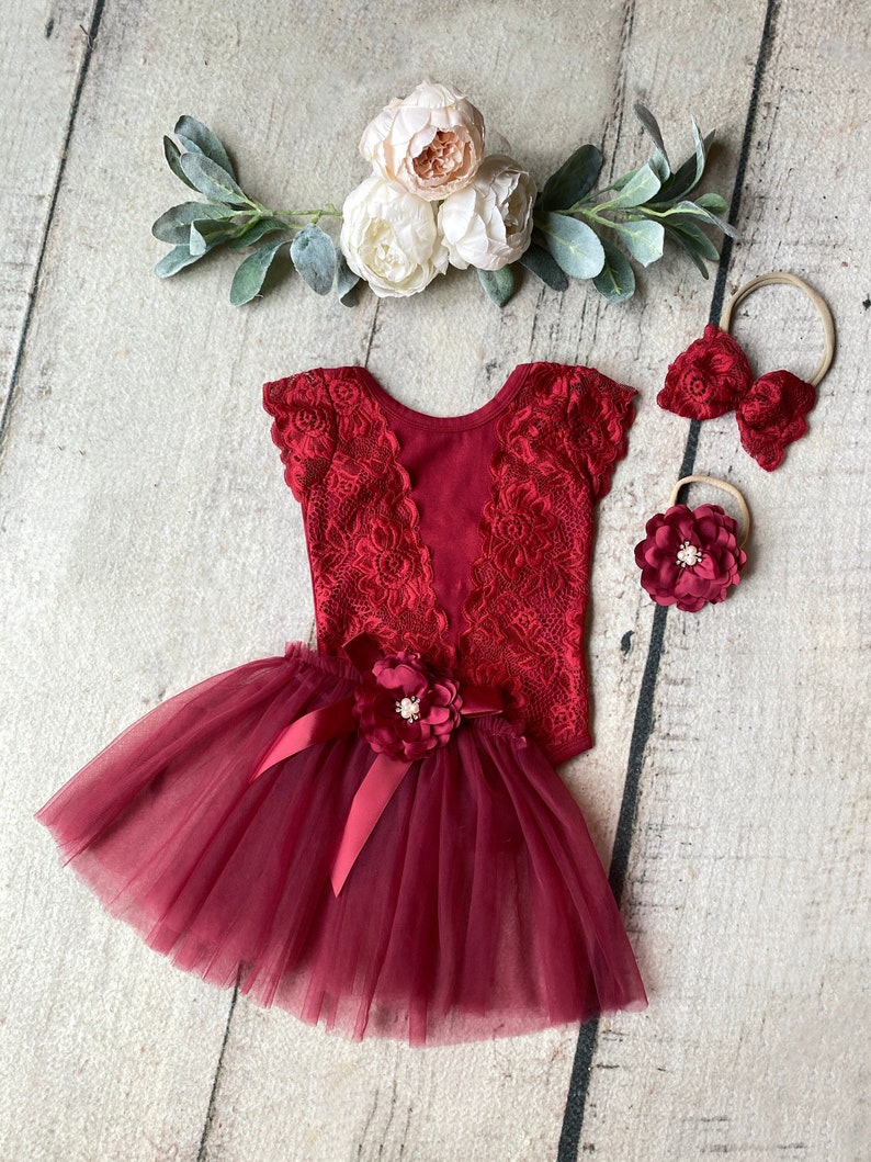 Wine red baby dress,Christmas dress,burgundy baby dress,baby tutu,cake smash dress,1st birthday dress,sitter girl romper boho cake smash image 2