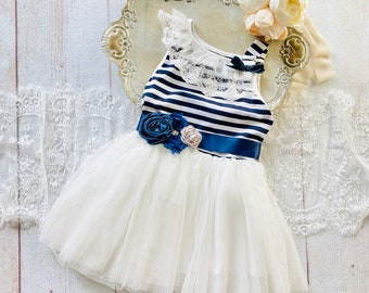 Girls navy blue and white tutu dress, child, beach wedding, nautical dress, father daughter dance, flower girl dress, vintage dress