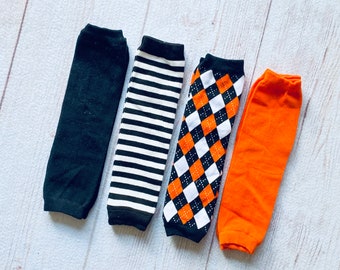 Kids Baby Girls Boy Legwarmers, Gender Neutral Leggings, Black Orange Argyle Stripe Leggings, Baby Knee Protectors, Dance Skating Leggings