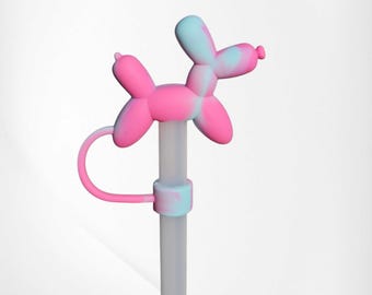 Pink & Teal Blue Balloon Dog 3D Silicone Straw Topper | Straw Cover. Fits 10mm, Stanley, Mini Stanley, 30oz-40oz Tumbler Straws.