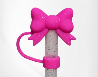 Hot Pink Glitter Butterfly Ribbon BOW 3D SiliconeStrawTopper - StrawCover - StrawCap. Fits 10mm, Stanley, and 30oz-40oz Tumbler Straws.