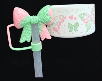 Butterflies & Bows Silicone Tumbler Boot and Lace 3D Princess Bow Silicone Straw Topper Set. Fits Stanley, Simple Modern, 30oz-40oz Tumblers