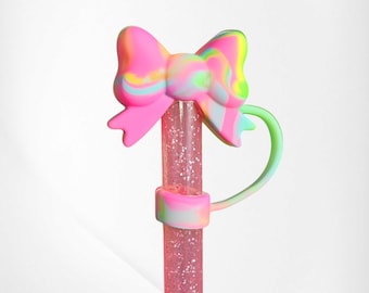 Tie-Dye Fun Butterfly Ribbon BOW 3D SiliconeStrawTopper - StrawCover - StrawCap. Fits 10mm, Stanley, and 30oz-40oz Tumbler Straws.