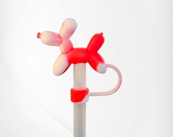 Red and White Balloon Dog 3D Silicone Straw Topper | Straw Cover. Fits 10mm, Stanley, Mini Stanley, 30oz-40oz Tumbler Straws.