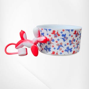 4th Of July Red, White, and Blue Patriotic Balloon Dog Silicone Tumbler Boot | Fits 30oz-40oz Tumblers  | White Bow Silicone Straw Topper