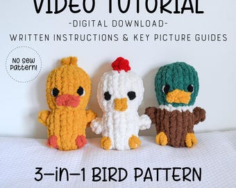 Patrones de pájaro 3 en 1 para tejer a mano, patrón de pollo, tutorial en video de patrones de pato, aprende a tejer con los dedos, peluches tejidos a mano, patrones