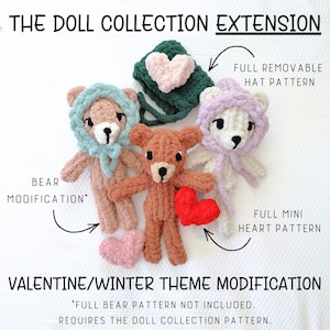 May include: A collection of three crocheted teddy bears, each with a unique hat and heart accessory. One bear is light brown, another is white, and the third is a darker brown. The bears are part of a Valentine/Winter theme modification.