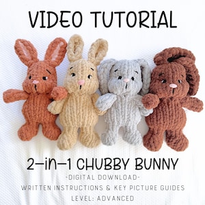 May include: Four handmade, plush bunny toys in shades of brown, tan, and gray. Each bunny has long ears, a pink nose, and a cute, chubby design. The text "VIDEO TUTORIAL" and "2-in-1 CHUBBY BUNNY" are displayed above and below the bunnies.