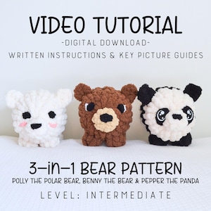 3-in-1 BEAR Hand Knit Patterns, Bear Pattern, Finger Knit Bear Video Tutorial, Learn How to Finger Knit, Hand Knit Plushies, Patterns