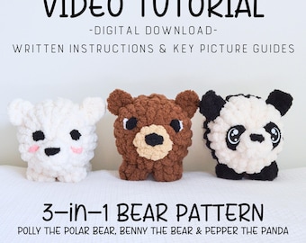 3-in-1 BEAR Hand Knit Patterns, Bear Pattern, Finger Knit Bear Video Tutorial, Learn How to Finger Knit, Hand Knit Plushies, Patterns