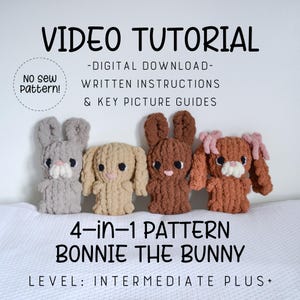 Modello coniglietto lavorato a mano 4 in 1, tutorial video, intermedio, impara a lavorare a maglia con le dita, lavorato a mano, coniglietto pasquale, Bonnie il coniglietto