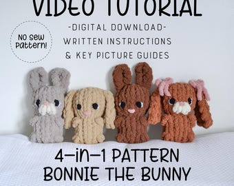4-in-1 Hand Knit Bunny Pattern, Video Tutorial, Intermediate, Learn How to Finger Knit, Hand Knit, Easter Bunny, Bonnie the Bunny