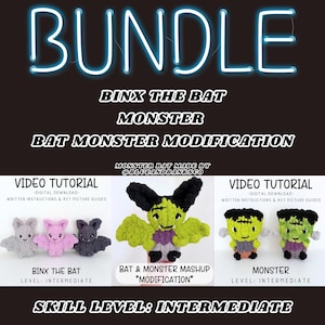Puede incluir: Un paquete digital para tejer a ganchillo a Binx el murciélago y un monstruo, con una modificación de murciélago monstruo. Incluye tutoriales en vídeo, instrucciones escritas y guías ilustradas. Nivel de habilidad intermedio para los proyectos.