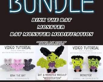Bat & Monster BUNDLE Pattern and Video Tutorial, Monster Bat Mashup, Finger Knit Cute Bat, Halloween Pattern