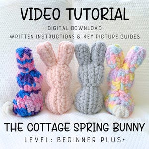 May include: Four knitted bunny figures in blue, pink, grey, and pastel rainbow hues. The bunnies have long ears and fluffy tails. The image includes the text "VIDEO TUTORIAL" and "DIGITAL DOWNLOAD". The text at the bottom reads "THE COTTAGE SPRING BUNNY" and "LEVEL: BEGINNER PLUS+".