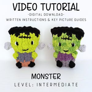 Puede incluir: Dos peluches de monstruo tejidos a ganchillo con cabezas verdes, pelo negro y pernos grises en los lados. El texto dice: VIDEO TUTORIAL -DIGITAL DOWNLOAD- WRITTEN INSTRUCTIONS & KEY PICTURE GUIDES MONSTER LEVEL: INTERMEDIATE. Tienen pies negros.