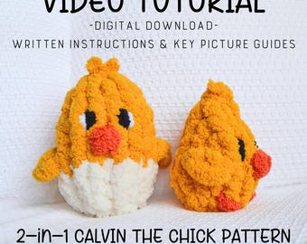 2-in-1 Calvin the Chick Patterns, Chick Pattern, Hand Knitting Video Tutorial, Learn How to Finger Knit, Hand Knit Plushies, Finger Knit