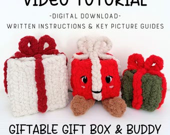 Giftable Gift Box and Buddy Video Tutorial/Pattern, finger knit, hand knit Christmas pattern, functional present pattern