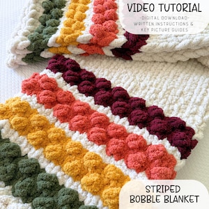 Striped Bobble Blanket (3 sizes) Finger Knit Pattern and Video Tutorial, Hand Knit Bobble Blanket, Chunky Knit