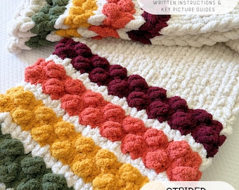 Striped Bobble Blanket (3 sizes) Finger Knit Pattern and Video Tutorial, Hand Knit Bobble Blanket, Chunky Knit