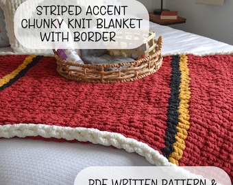 Chunky Knit Striped Accent Blanket with Border Pattern, PATTERN, How to, VIDEO Tutorial, Chunky Knit Blanket, Learn How, DIY, Blanket