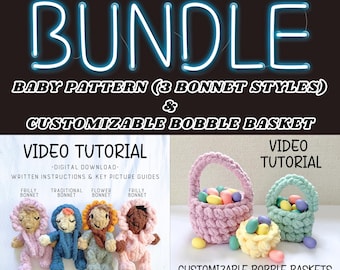 Baby Pattern and Customizable Bobble Basket Pattern and Video Tutorial BUNDLE, Hand Knit Basket, Finger Knit Baby