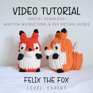 Pode incluir: Dois brinquedos de raposa de malha nas cores laranja, branco e preto. O texto "VIDEO TUTORIAL - DIGITAL DOWNLOAD - WRITTEN INSTRUCTIONS & KEY PICTURE GUIDES" e "FELIX THE FOX LEVEL: EXPERT" estão presentes.