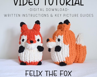 Fox Hand Knit Pattern, Felix the Fox Video Tutorial, Finger Knit Fox Video Tutorial, Learn How to Finger Knit, Hand Knit Plushies, Patterns
