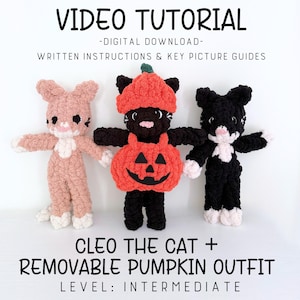 May include: Three crocheted cat plushies. The left is light pink, the right is black and white, and the center cat wears an orange pumpkin hat and pumpkin-shaped body suit with a black jack-o'-lantern face. Text reads: VIDEO TUTORIAL, DIGITAL DOWNLOAD, WRITTEN INSTRUCTIONS & KEY PICTURE GUIDES, CLEO THE CAT + REMOVABLE PUMPKIN OUTFIT, LEVEL: INTERMEDIATE.