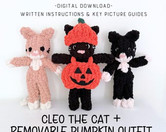 Cleo the Cat and Removable Pumpkin Outfit and Hat Pattern and Video Tutorial, Finger Knit Pattern, Hand Knit Tutorial, Halloween Cat