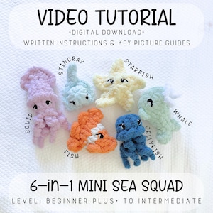 May include: A collection of six crocheted sea creatures: a squid, stingray, starfish, fish, jellyfish, and whale. The image includes the text "VIDEO TUTORIAL - DIGITAL DOWNLOAD" and "6-in-1 MINI SEA SQUAD". The level is beginner plus to intermediate.