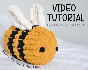 Beatrice the Bumblebee Video Tutorial/Pattern, Learn How to Finger Knit, Hand Knitting, Crochet Bee, Crochet Tutorial, Tutorial, Pattern