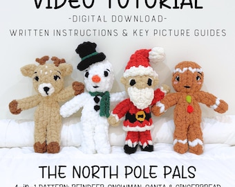 The North Pole Pals Video Tutorial/Pattern, Finger Knit Santa, Hand Knit Gingerbread, Finger Knit Reindeer, Hand Knit Snowman Pattern