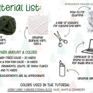 May include: A material list for a craft project, including chunky blanket yarn, scissors, poly-fil stuffing, and a laptop. The finished size is approximately 12" x 8". The yarn colors are sage, white, and cranberry.